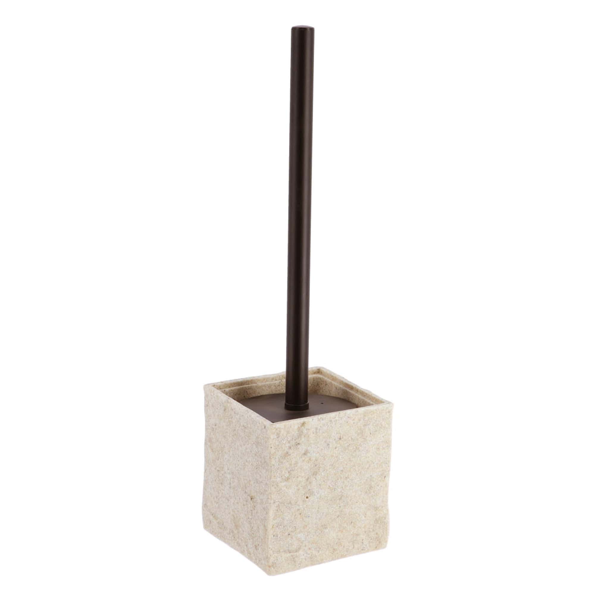 A natural stone-effect toilet brush holder with a sleek black handle, showcasing a minimalist and modern design.