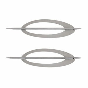 "Silver minimalist oval metal curtain tiebacks with pin rod, isolated on white background"