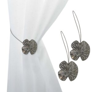 water lily curtain tie backs in graphite, on white background and on curtain