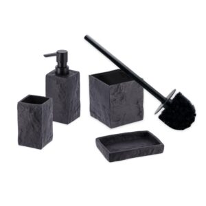 A complete black stone-effect bathroom accessory set featuring a toilet brush holder, tumbler, soap dish, and soap dispenser with a black pump.