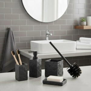 Black stone effect bathroom accessory set with dispenser tumbler brush holder soap dish