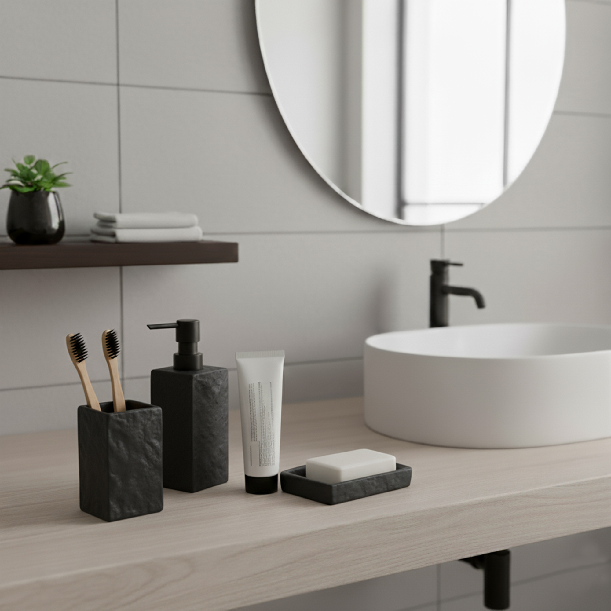 Modern black stone bathroom set arranged on wooden vanity