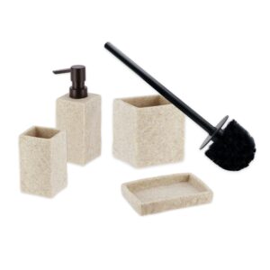 A complete natural stone-effect bathroom accessory set featuring a toilet brush holder, tumbler, soap dish, and soap dispenser with a black pump.