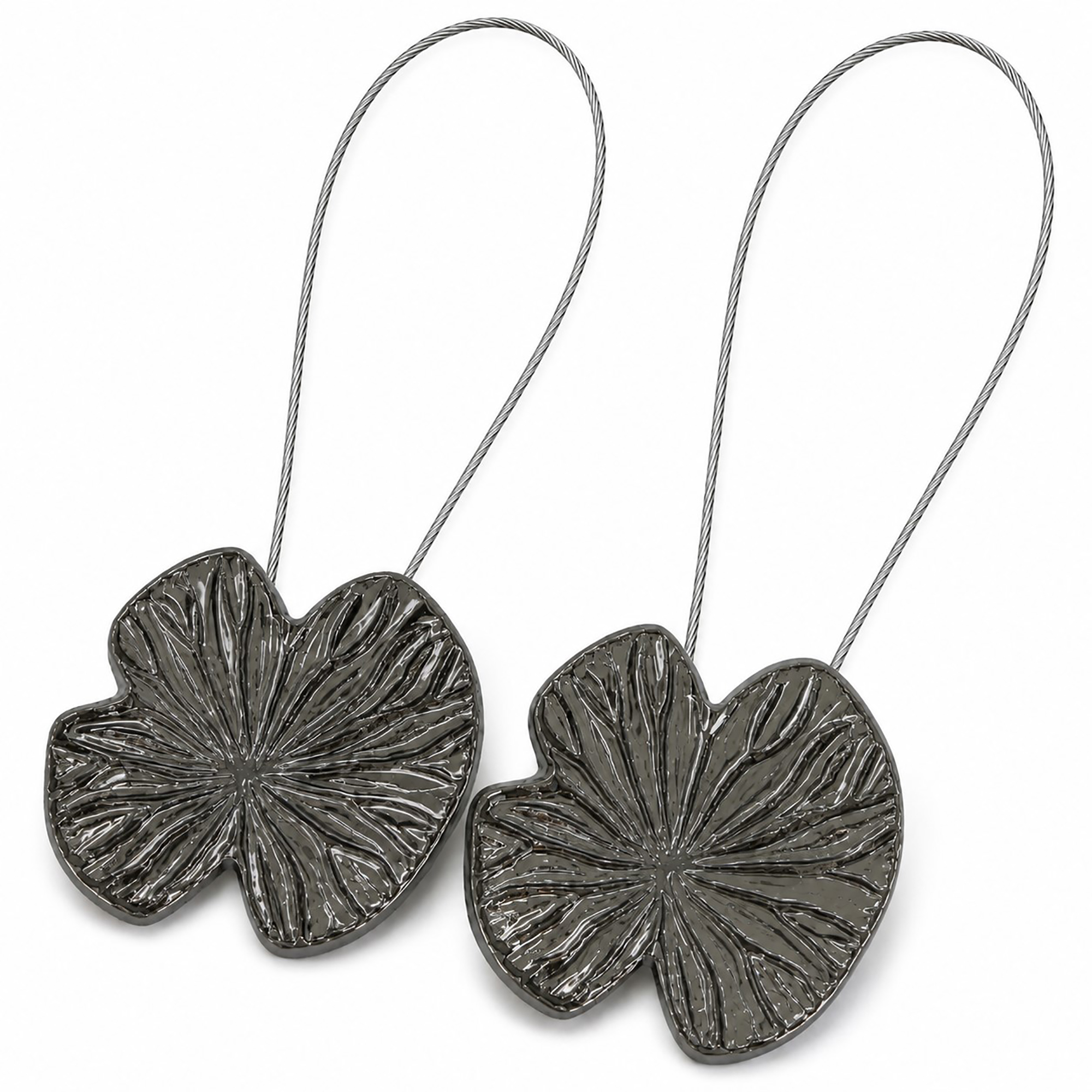 Hero: Set of 2 polished graphite water lily magnetic curtain tiebacks with carved veins on white