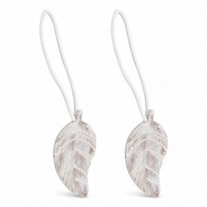Set of 2 whitewashed wood-look leaf magnetic curtain tiebacks on a white background