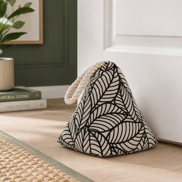 Black leaf print cone door stopper propping open a white paneled door, hardwood floor, framed art, plant, and books in the background.