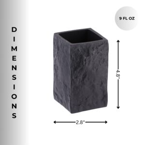 Dimensions of the black stone-effect bathroom tumbler are shown, highlighting its 4.8-inch height, 2.8-inch width, and 9-ounce capacity.