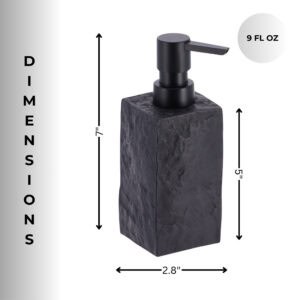Dimensions of the black stone-effect soap dispenser are shown, highlighting its 9-ounce capacity, 7-inch height, and 2.8-inch width.