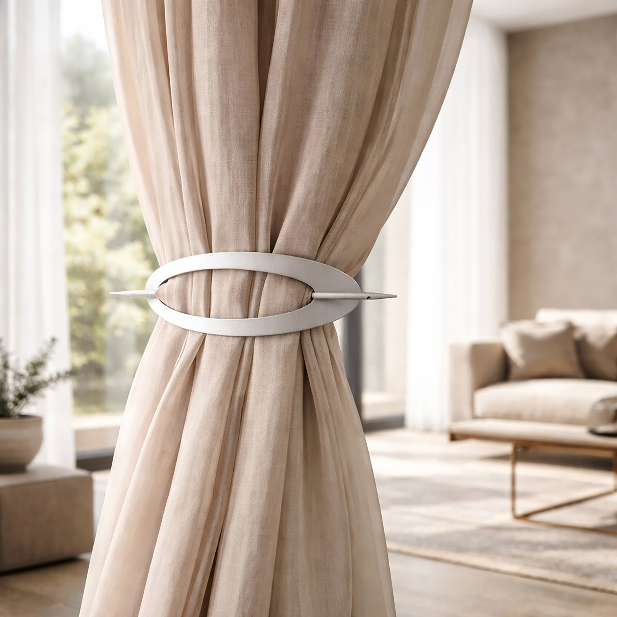 "Silver oval pin rod curtain tieback holding beige drapes in a modern living room"