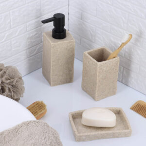 Dimensions of the natural stone-effect rectangular soap dish are shown, measuring 7 inches by 5 inches.
