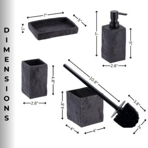 Dimensions of the black stone-effect bathroom accessory set, detailing measurements for the soap dish, tumbler, dispenser, and toilet brush holder.
