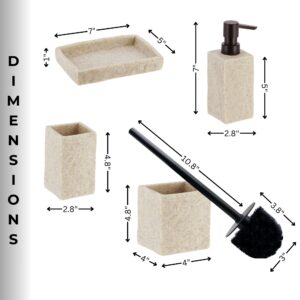 Dimensions of the natural stone-effect bathroom accessory set, detailing measurements for the soap dish, tumbler, dispenser, and toilet brush holder.
