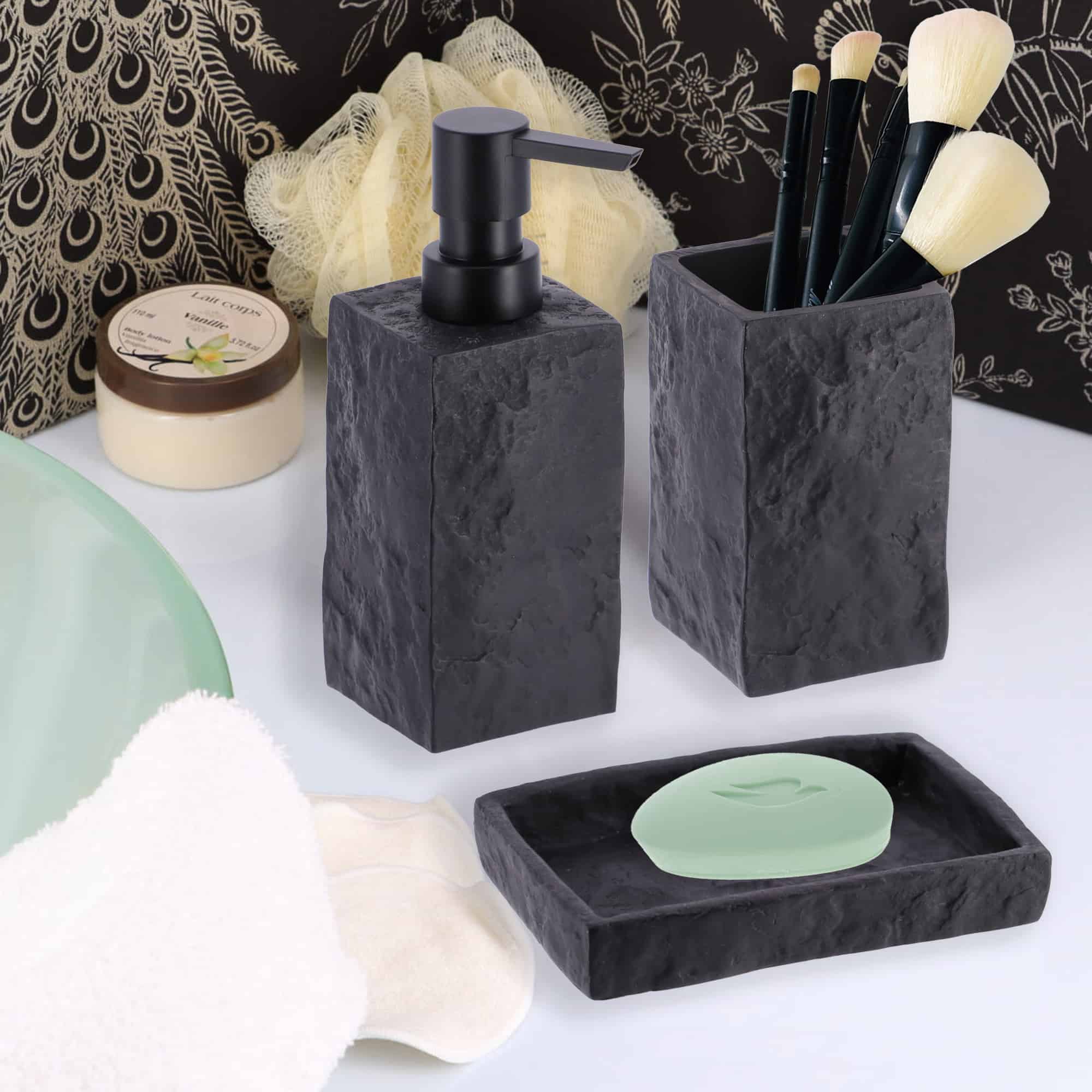 Black Stone Effect Soap Dish Holder Cup Dispenser Tray