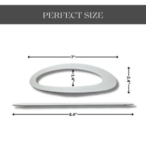 "Silver oval tieback ring and pin rod with dimensions: ring 7 inches wide by 2.4 inches tall, pin rod 8.4 inches long"