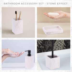 Collage showing stone-effect toothbrush cup, soap dish, dispenser, and brush in use