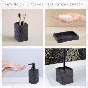 A collage showcasing the black stone-effect bathroom accessory set in various uses, including a soap dish, toothbrush holder, soap dispenser, and toilet brush holder, highlighting its versatility and modern design.