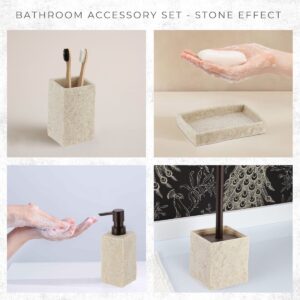 A collage showcasing the natural stone-effect bathroom accessory set in various uses, including a soap dish, toothbrush holder, soap dispenser, and toilet brush holder, highlighting its versatility and modern design.
