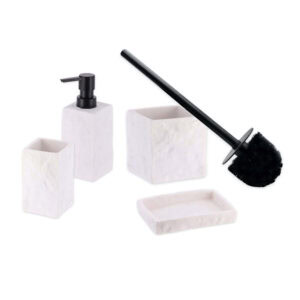 White stone-effect bathroom accessory set with black brush and dispenser on white background
