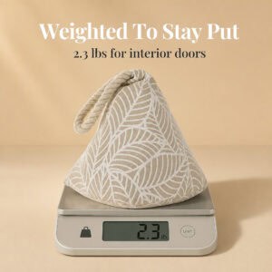 White leaf print cone door stopper on a digital scale reading 2.3 lb. On-image text: "Weighted To Stay Put," "2.3 lbs for interior doors."