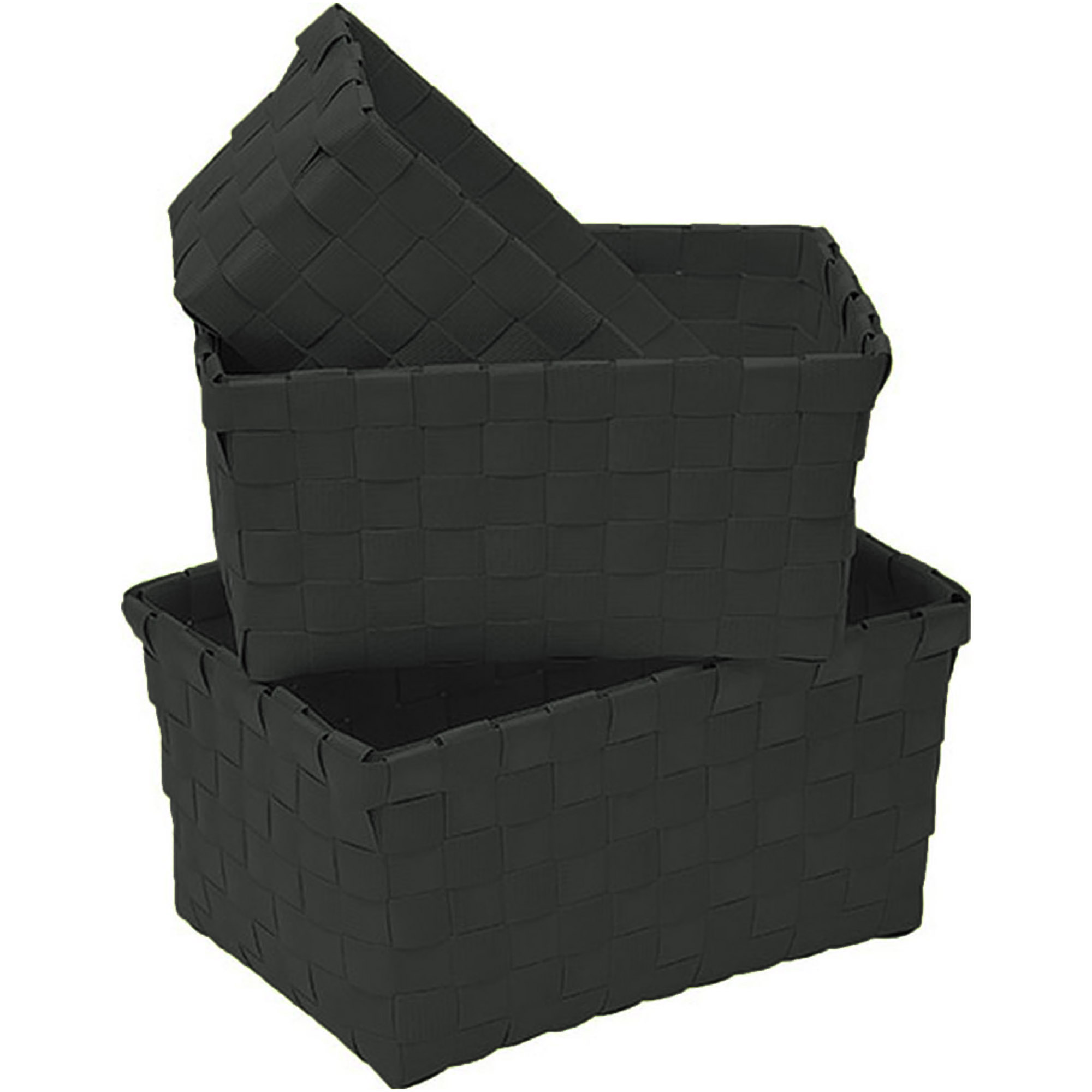 Set of three black checkered woven strap storage baskets in graduated sizes, shown empty on a white background.
