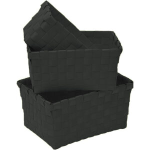 Checkered Woven Strap Storage Baskets Totes Set of 3 Black