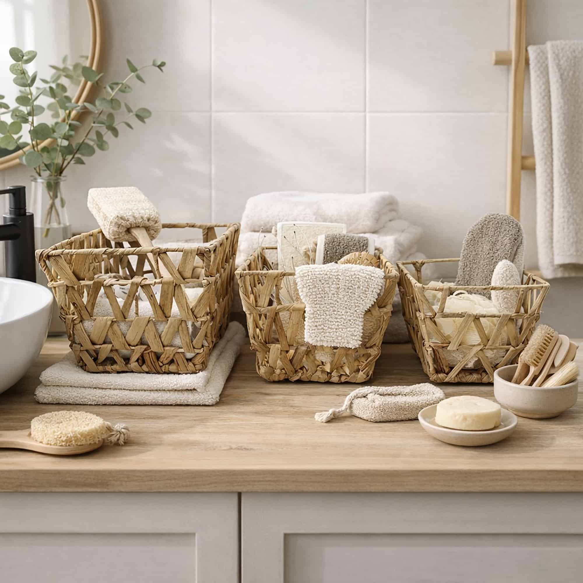 Three water hyacinth baskets filled with towels, loofahs, and bath accessories on a wooden bathroom countertop.