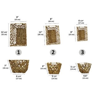 Size dimension chart showing all three baskets: large 9"x12⅝"x7"H, medium 8"x11"x6"H, and small 6¾"x9"x5½"H.