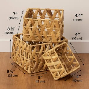 Size dimension chart showing all three baskets: large 8¾"x5"x7"H, medium 8½"x4"H, and small 4"x4"x4.4"H.
