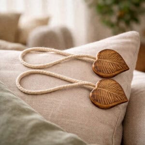 Natural carved wooden leaf tiebacks on linen cushion