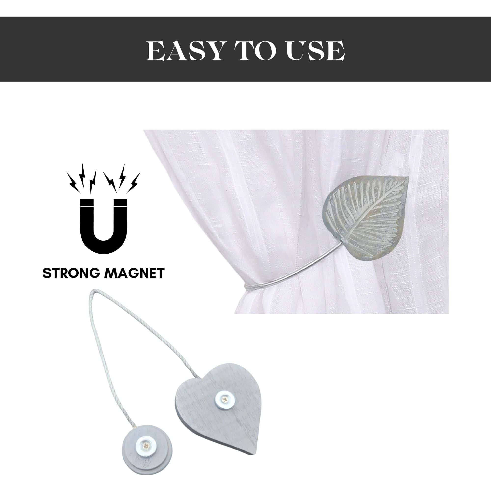 Gray wood magnetic curtain tieback showing strong magnet mechanism