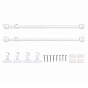 White adjustable cafe curtain rods set with acorn finials, wall brackets, screws and adhesive pads