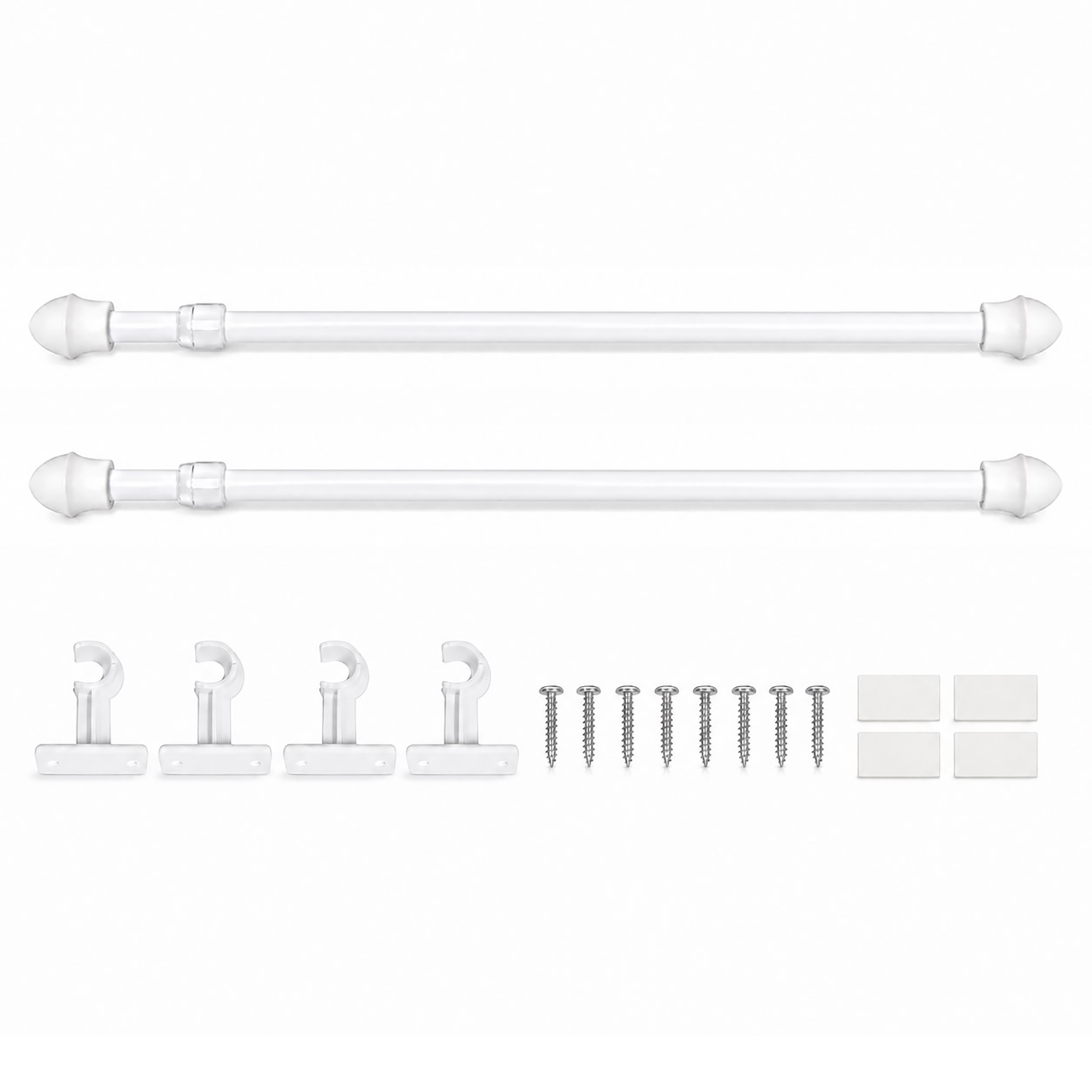 White adjustable cafe curtain rods set with acorn finials, wall brackets, screws and adhesive pads