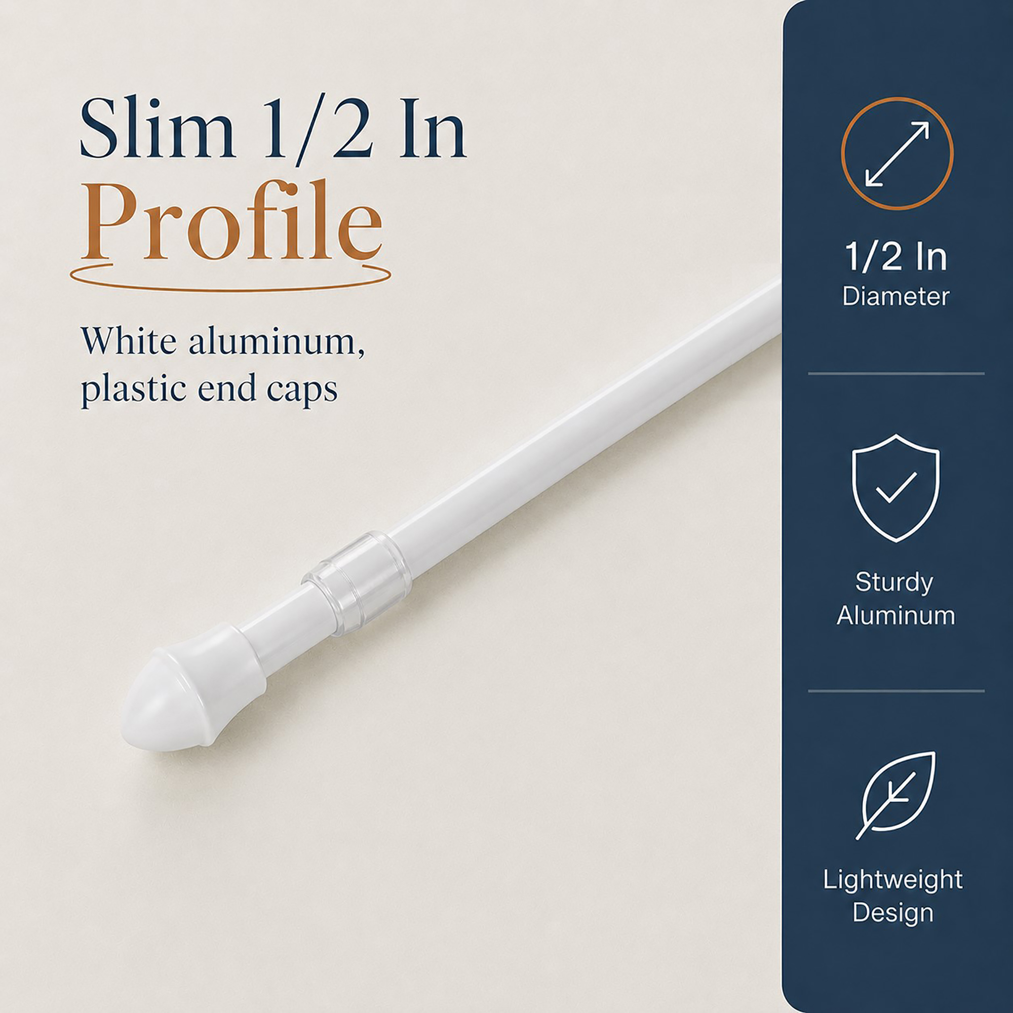 Close-up of slim half-inch white aluminum cafe rod with plastic acorn end cap