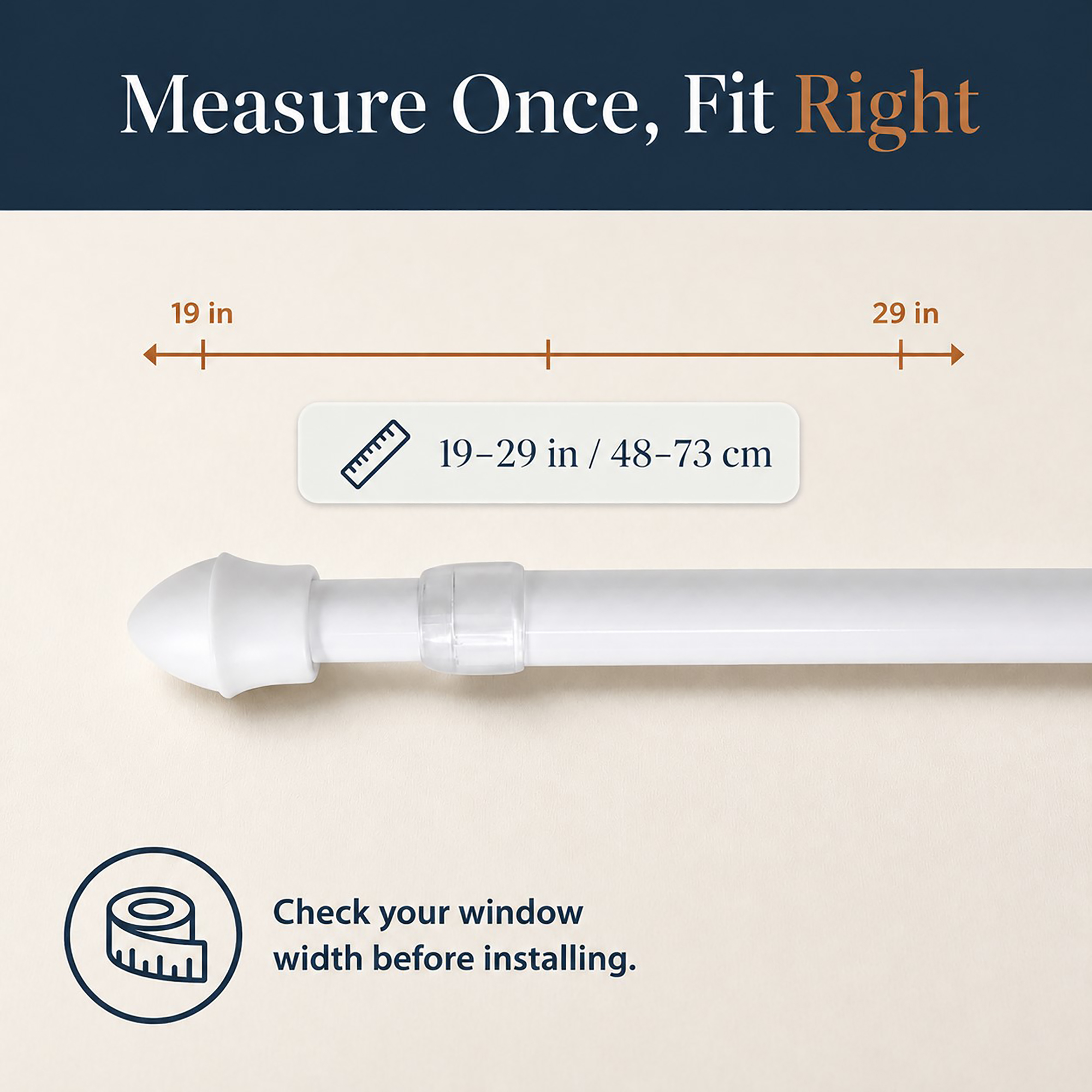White cafe rod extending from 19 to 29 inches with a width measurement guide
