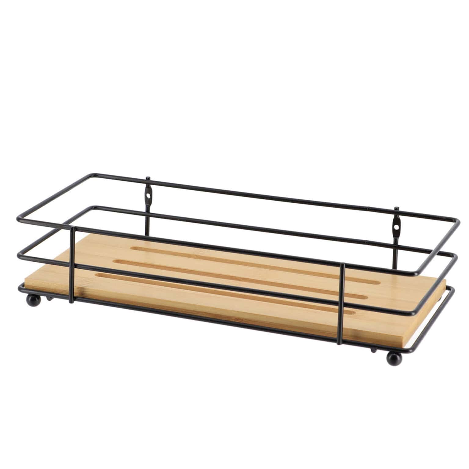 Bathroom Organizer Bamboo Tray Black Metal Wire