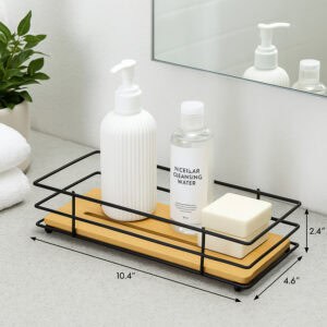 "Bamboo and black wire tray with dimensions 10.4" x 4.6" x 2.4" holding skincare bottles"