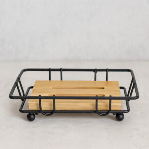 "Side view of empty black wire basket with bamboo soap tray"