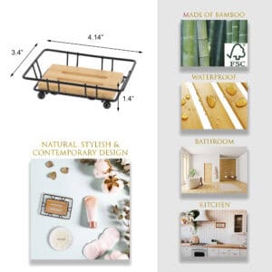 "Product specifications showing black wire and bamboo soap dish dimensions and features"