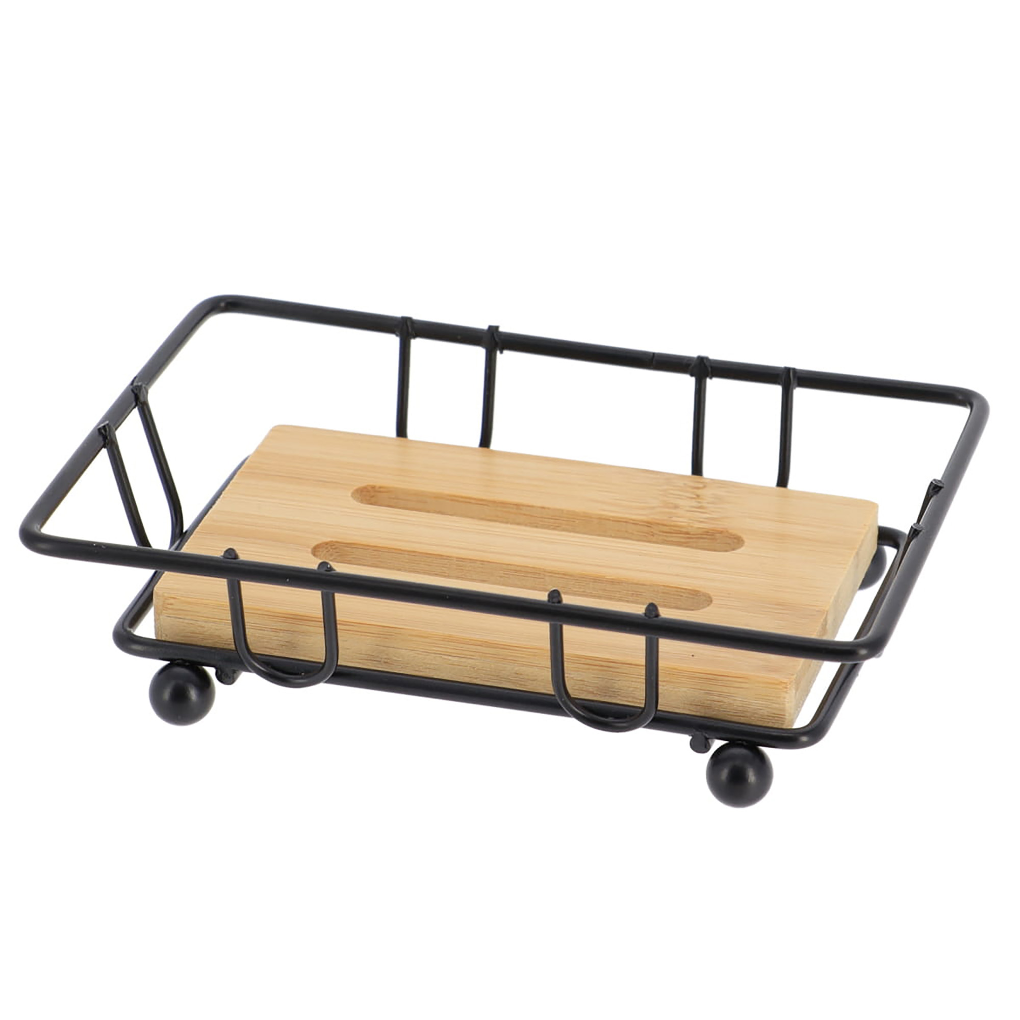Bathroom Soap Dish Bamboo Tray Black Metal Wire