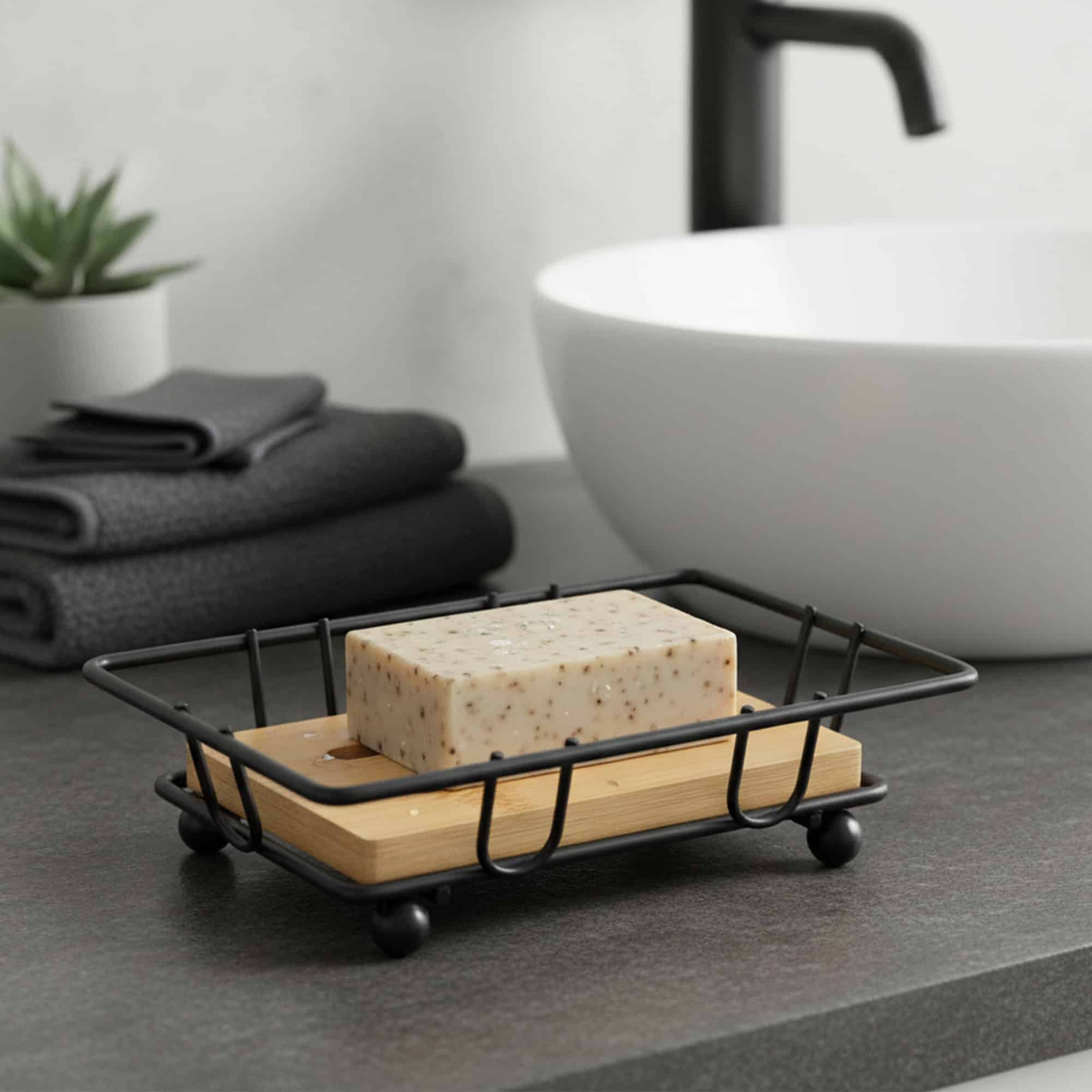 Bathroom Soap Dish Bamboo Tray Black Metal Wire