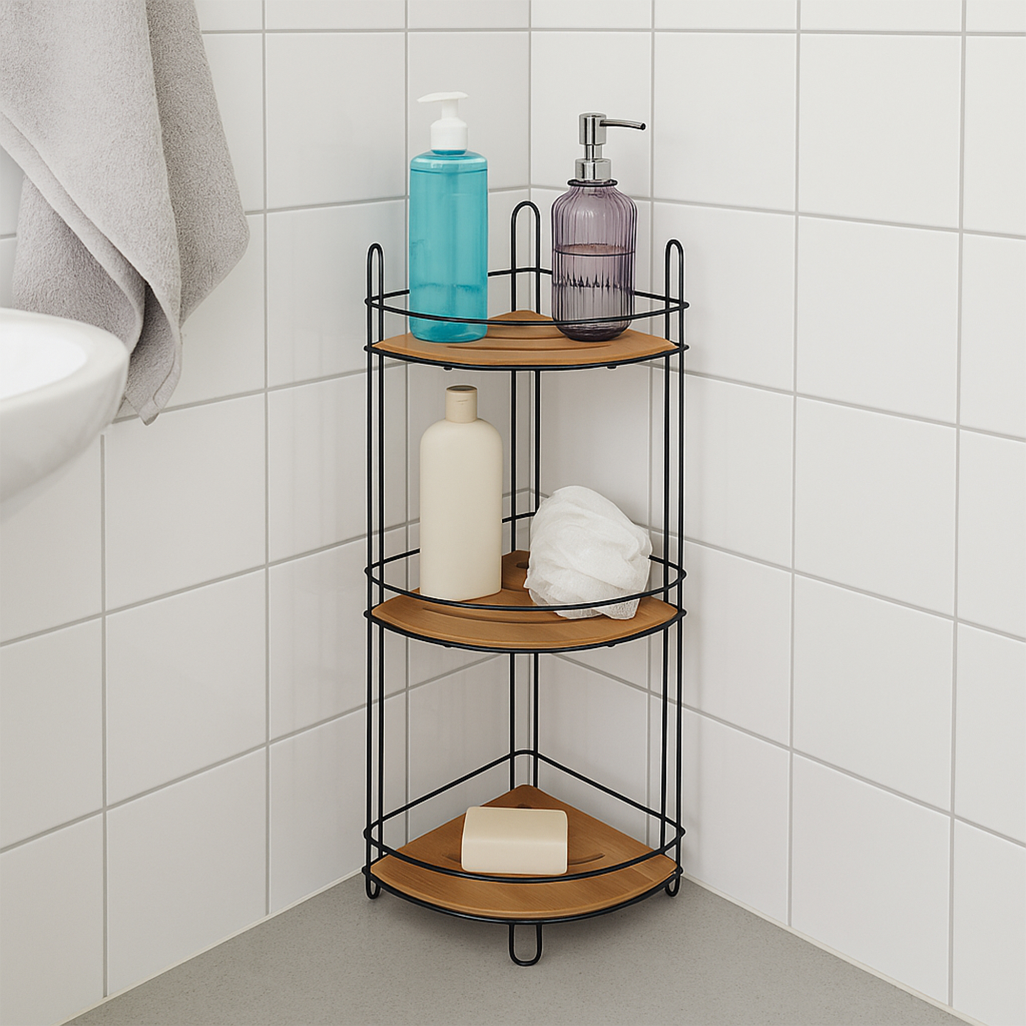 "Three-tier black wire corner shelf holding shampoo, loofah, and soap in tiled bathroom corner"