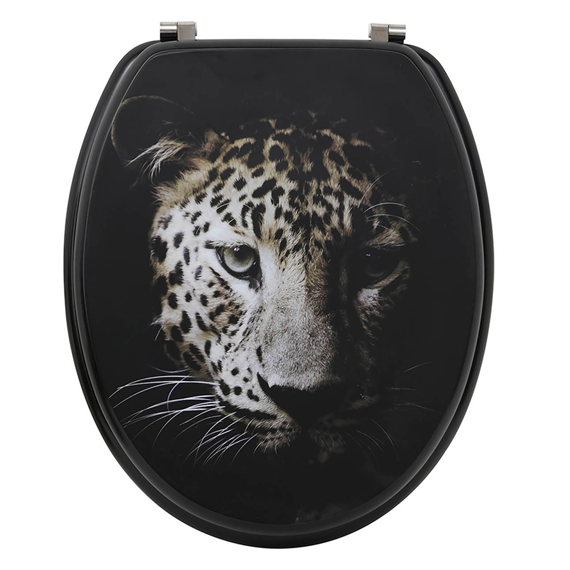 Black elongated toilet seat with leopard face print on lid