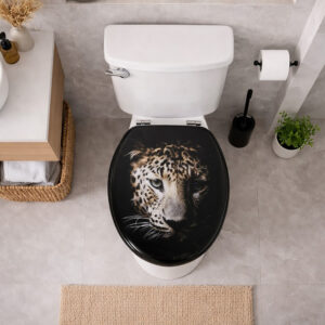Top view of white toilet with black elongated leopard print toilet seat