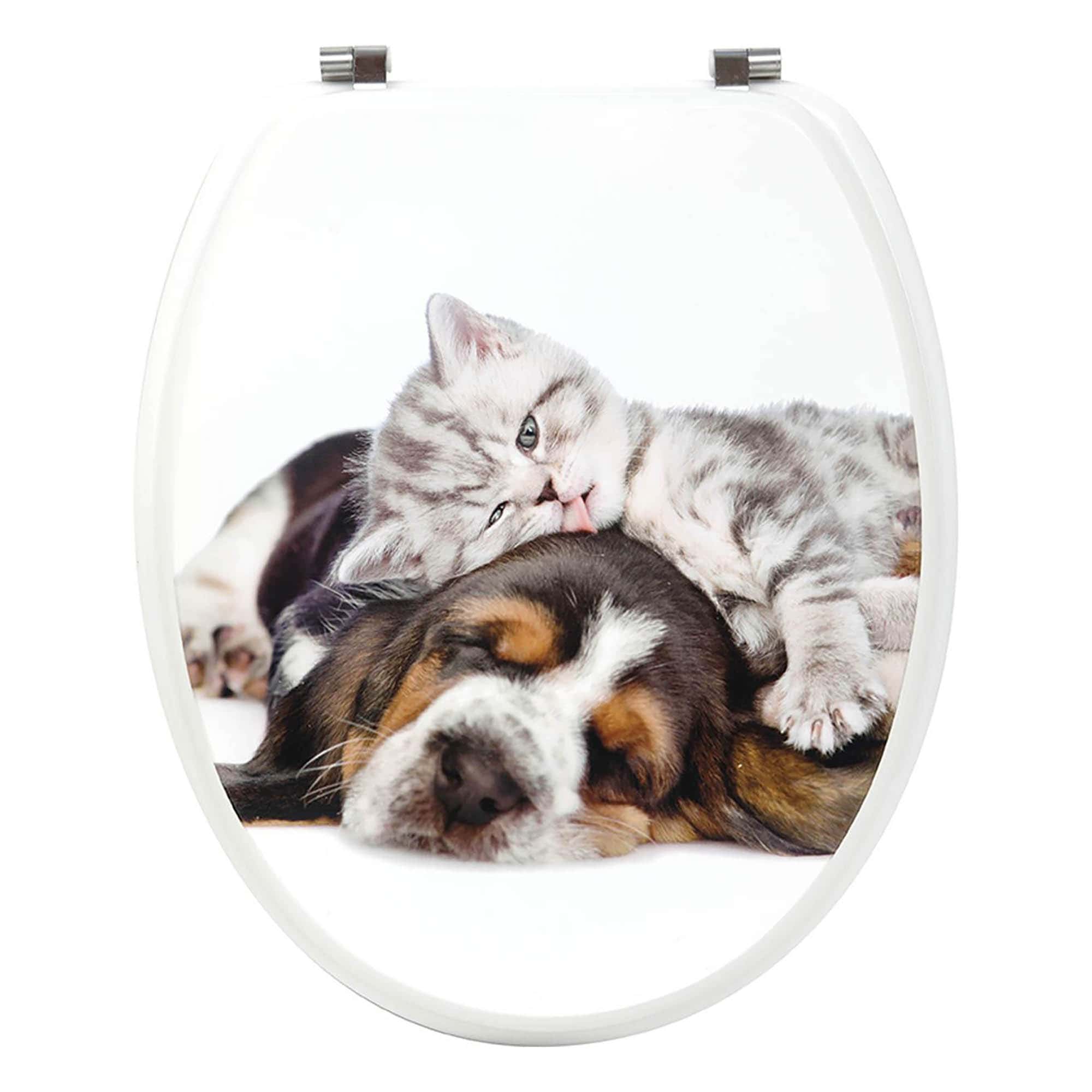 elongated toilet seat with dog and cat design