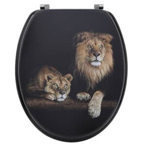 Black elongated toilet seat with lion and lioness print on lid