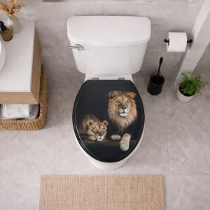 Top view of white toilet with black elongated lion and lioness toilet seat