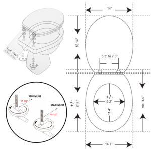 Elongated toilet seat dimensions diagram with adjustable hinge spacing