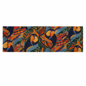 Long narrow coir doormat with multicolor toucan and jungle leaf print, 30 x 10 inches, on white background