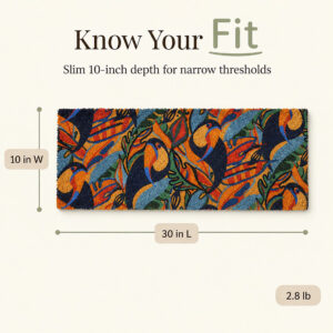 Toucans coconut door mat dimensions: 30 inches long, 10 inches wide, 2.8 lb