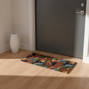 Tropical toucans door mat on a wood floor in front of a dark interior apartment door